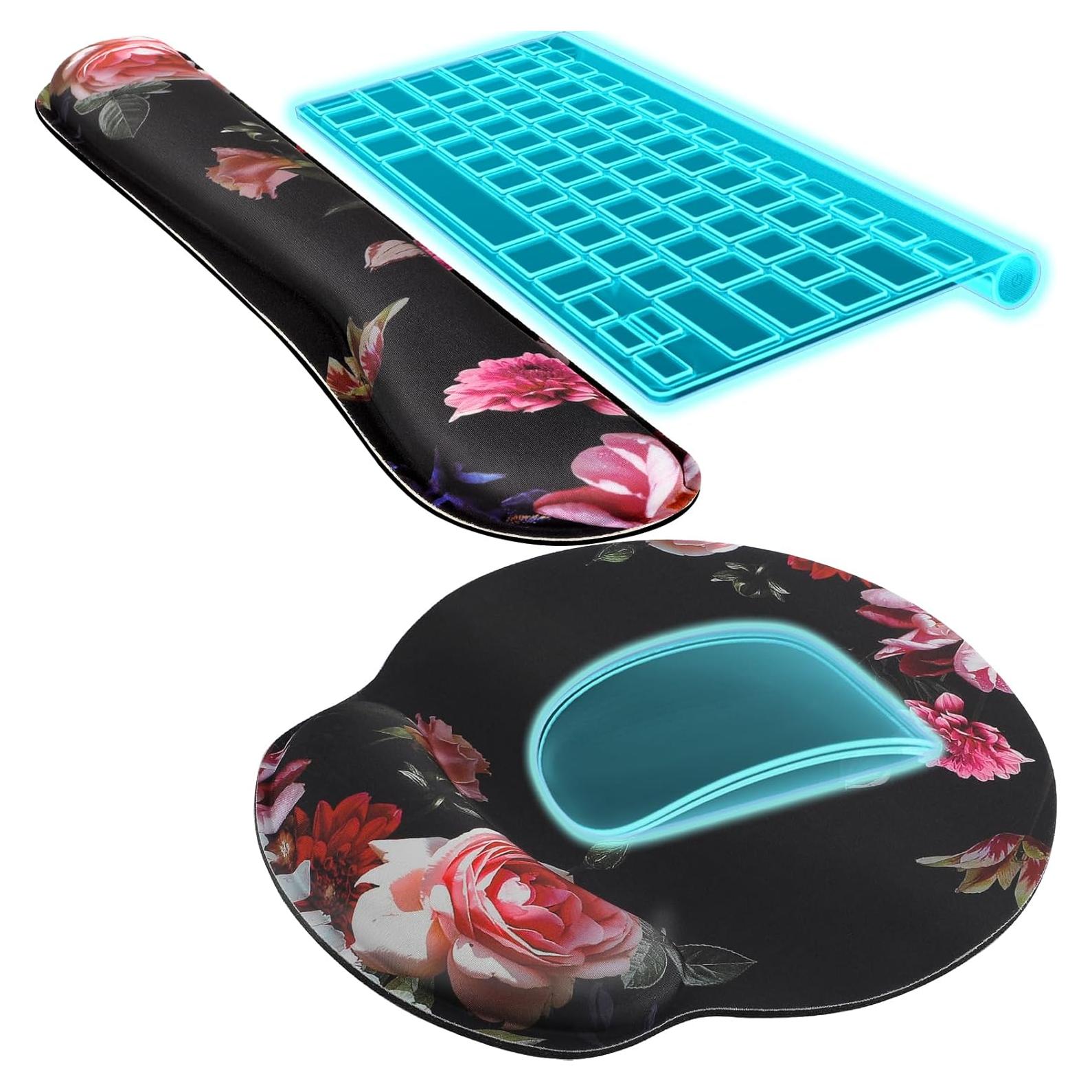 KTRIO Ergonomic Keyboard Wrist Rest, Memory Foam Mouse Pad with Wrist Rest for Computer Keyboard, Mouse Pad Set for Easy Typing & Pain Relief for Office & Home, Peony Flower
