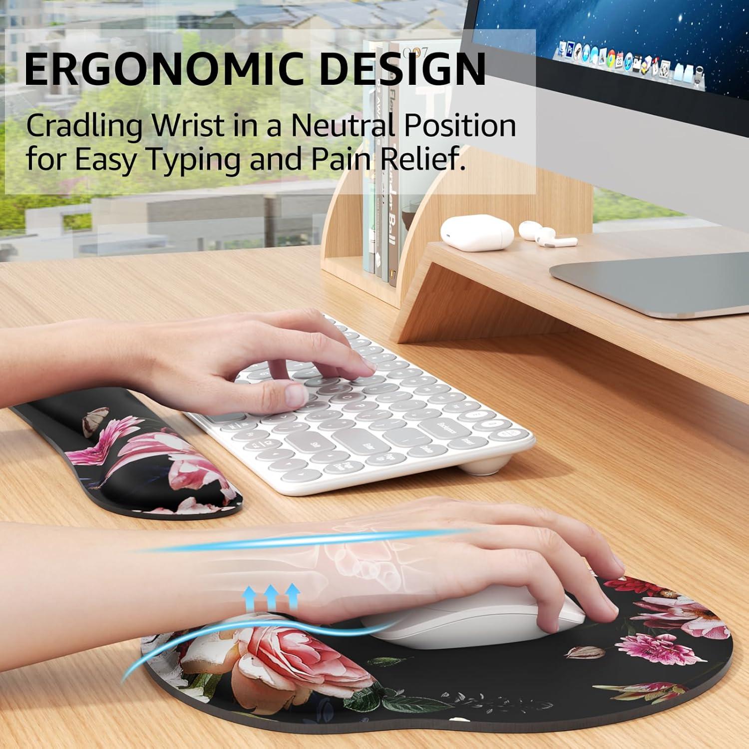 KTRIO Ergonomic Keyboard Wrist Rest, Memory Foam Mouse Pad with Wrist Rest for Computer Keyboard, Mouse Pad Set for Easy Typing & Pain Relief for Office & Home, Peony Flower