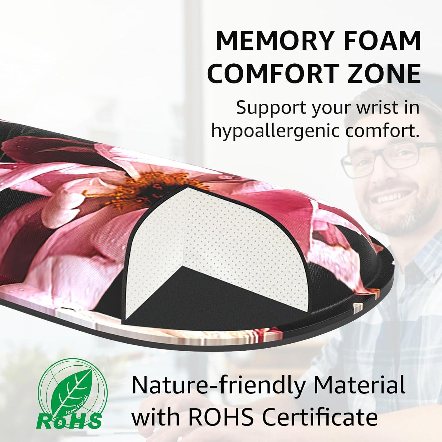 KTRIO Ergonomic Keyboard Wrist Rest, Memory Foam Mouse Pad with Wrist Rest for Computer Keyboard, Mouse Pad Set for Easy Typing & Pain Relief for Office & Home, Peony Flower