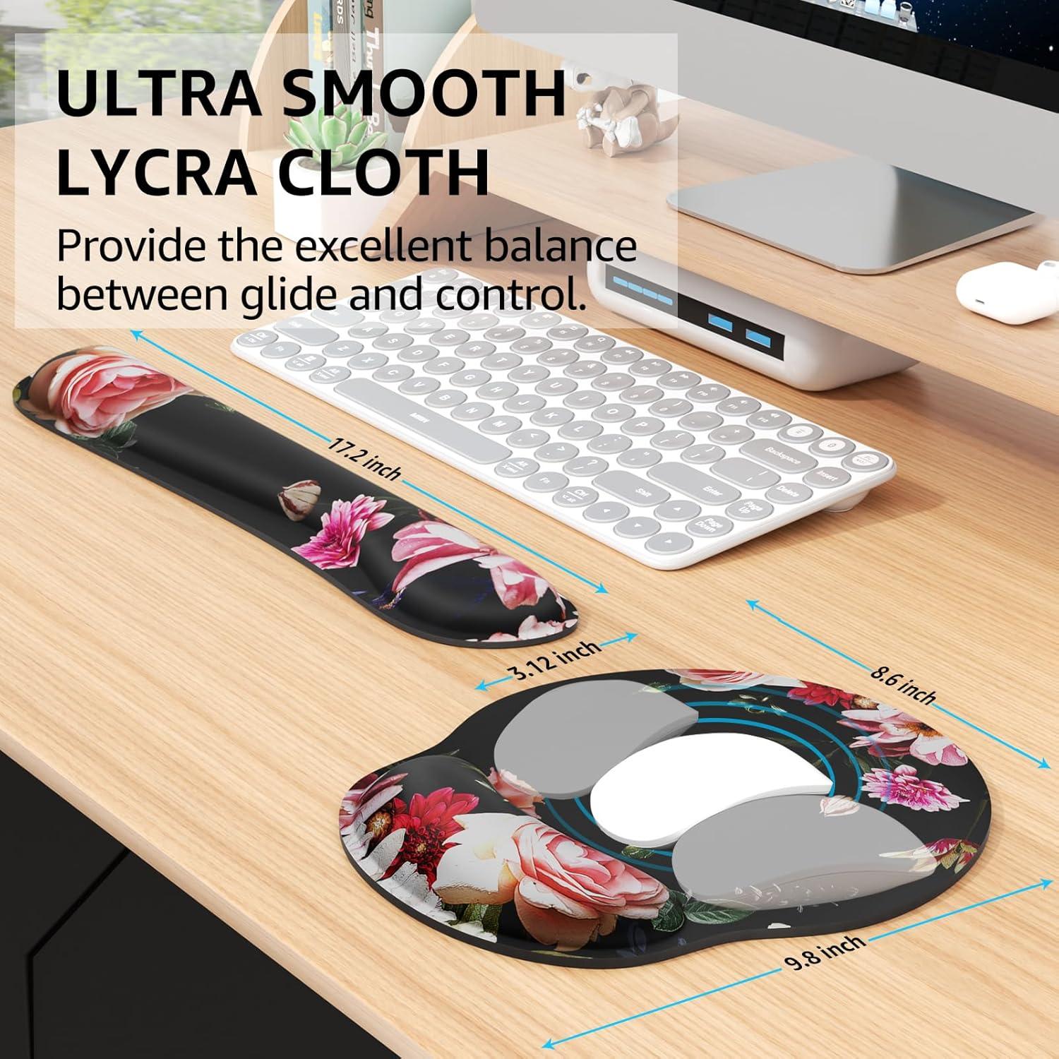 KTRIO Ergonomic Keyboard Wrist Rest, Memory Foam Mouse Pad with Wrist Rest for Computer Keyboard, Mouse Pad Set for Easy Typing & Pain Relief for Office & Home, Peony Flower