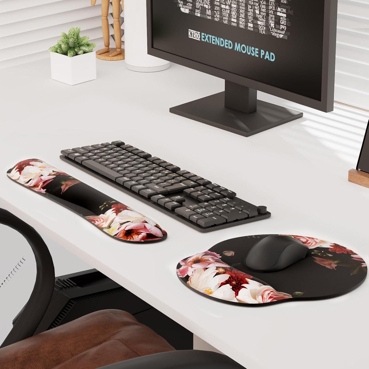 KTRIO Ergonomic Keyboard Wrist Rest, Memory Foam Mouse Pad with Wrist Rest for Computer Keyboard, Mouse Pad Set for Easy Typing & Pain Relief for Office & Home, Peony Flower