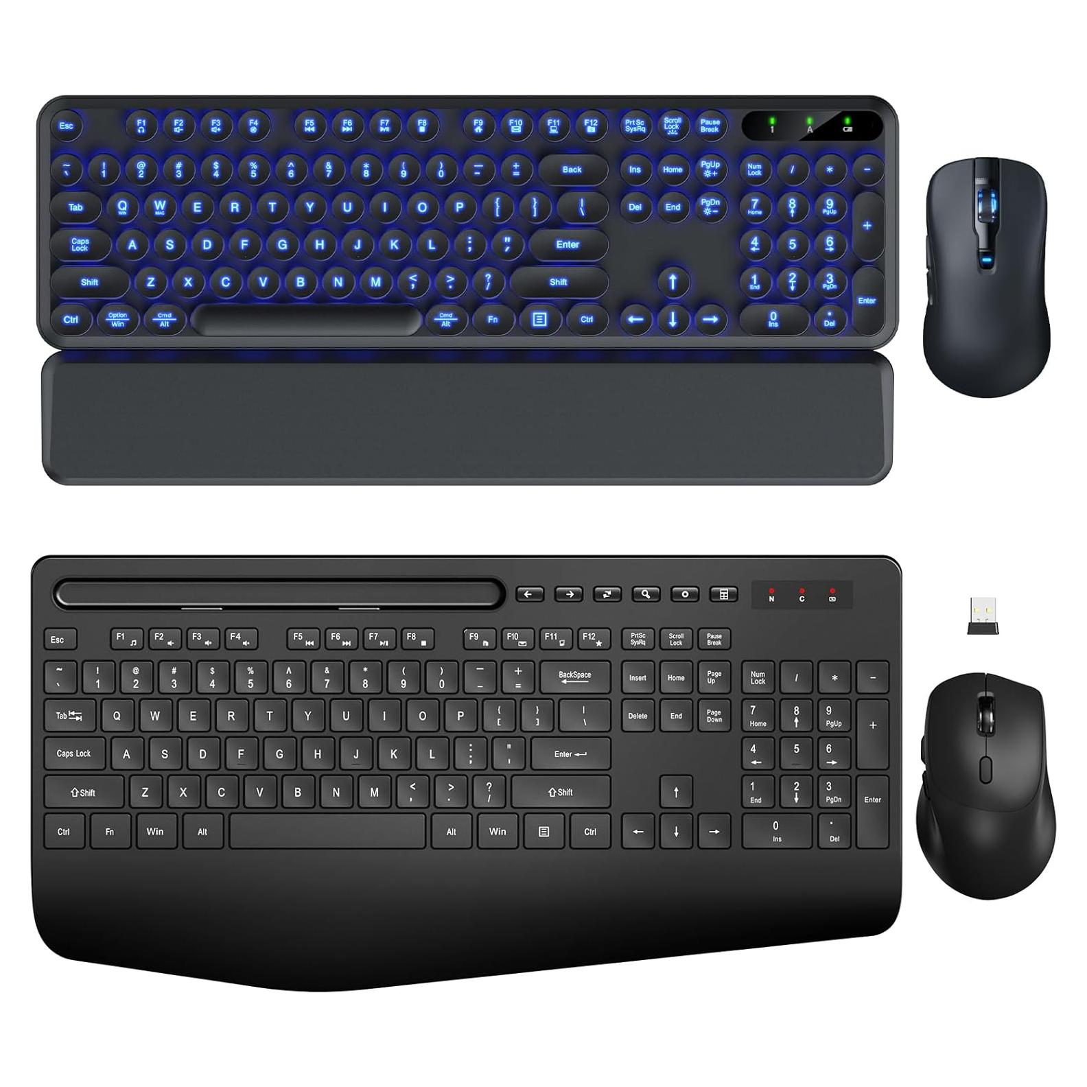 2 Pack Wireless Keyboard and Mouse Combo Full-Sized Ergonomic Keyboard with Wrist Rest, Phone Holder,Retro Round Keycaps, Light Up Letters for Mac, Windows, PC, Laptop
