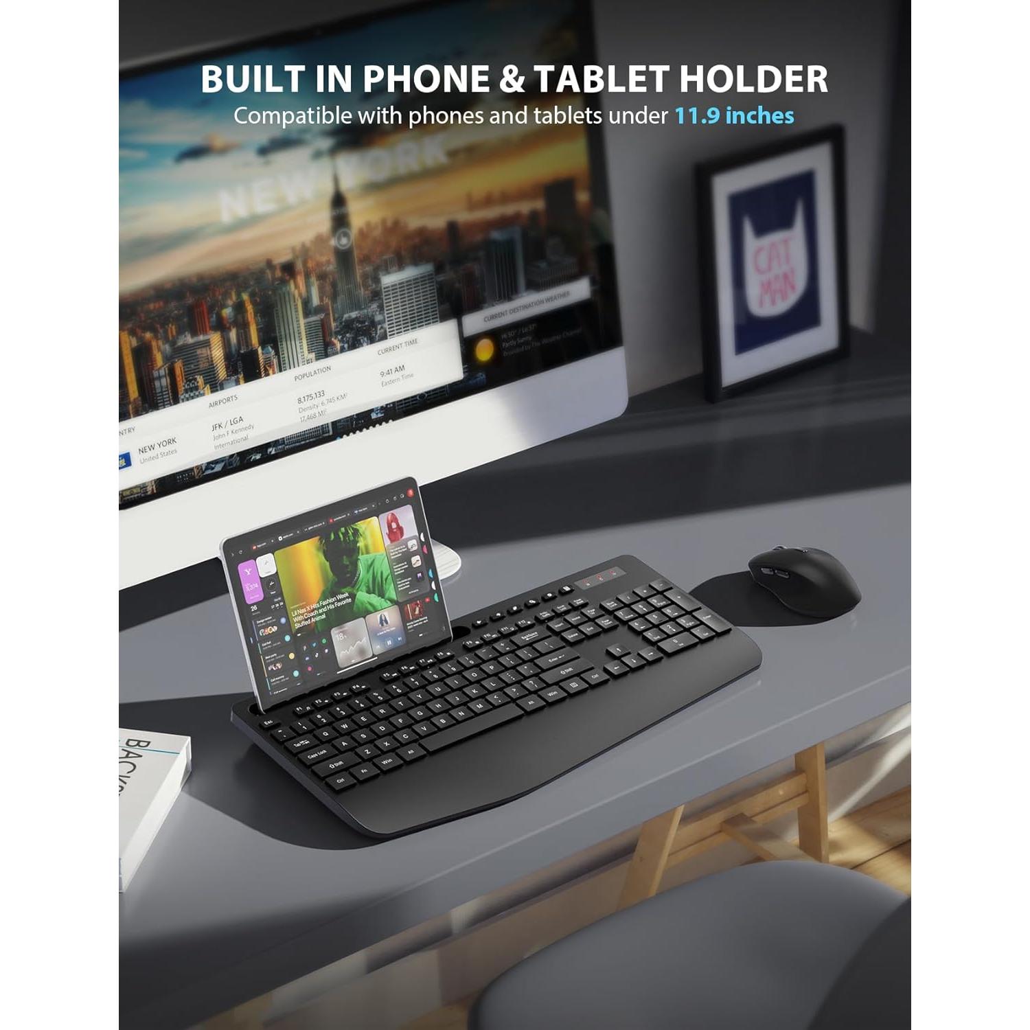 2 Pack Wireless Keyboard and Mouse Combo Full-Sized Ergonomic Keyboard with Wrist Rest, Phone Holder,Retro Round Keycaps, Light Up Letters for Mac, Windows, PC, Laptop