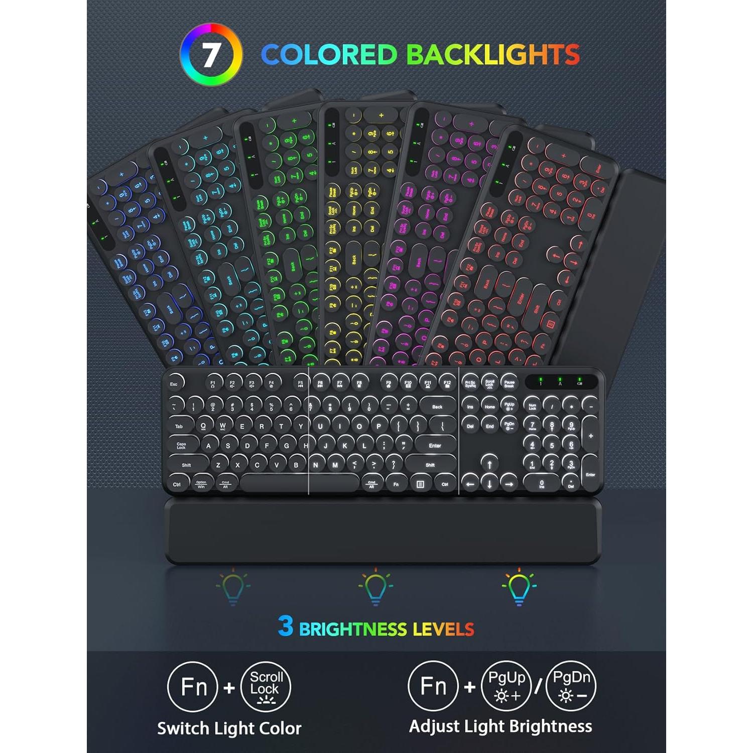 2 Pack Wireless Keyboard and Mouse Combo Full-Sized Ergonomic Keyboard with Wrist Rest, Phone Holder,Retro Round Keycaps, Light Up Letters for Mac, Windows, PC, Laptop