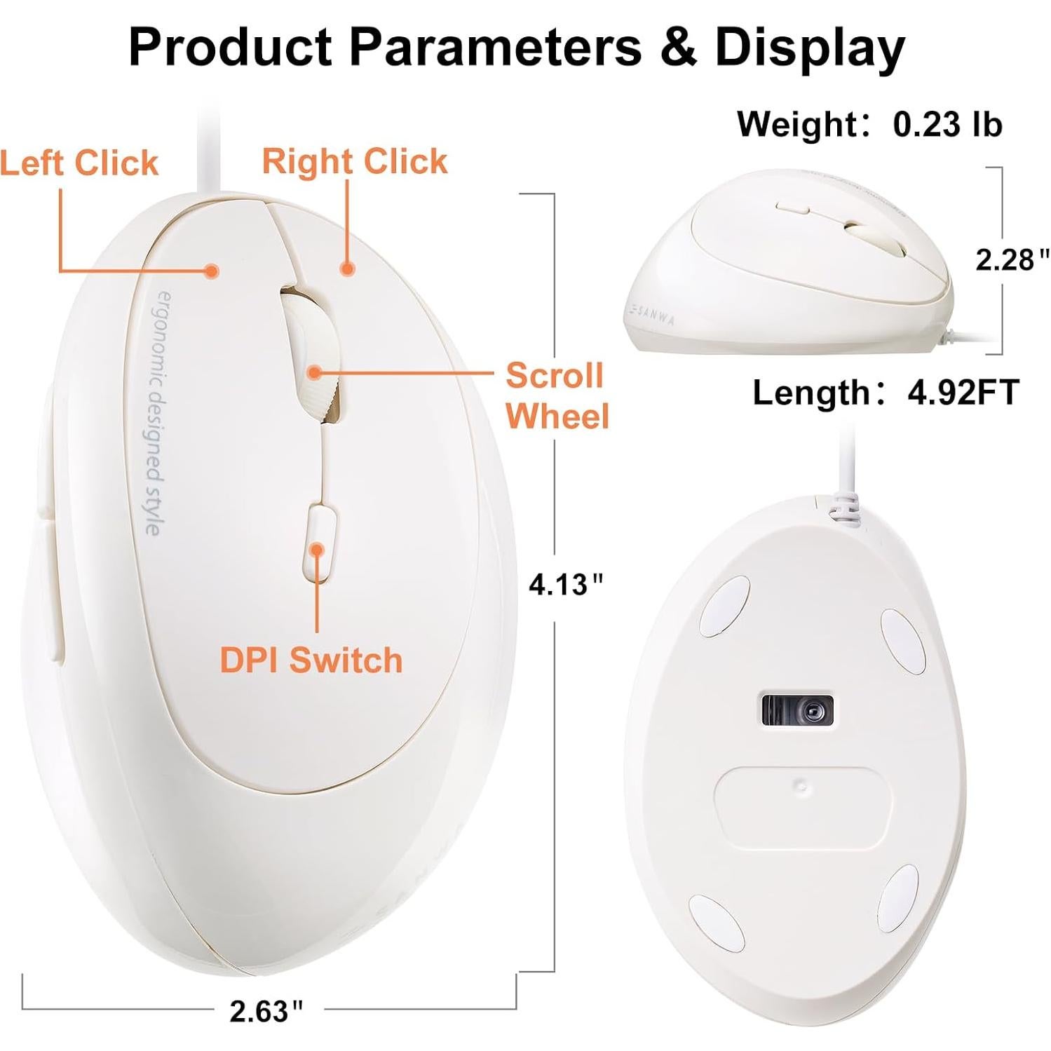 Ratón Ergonómico SANWA GMAERG16W, 1000/1600 DPI, Blanco