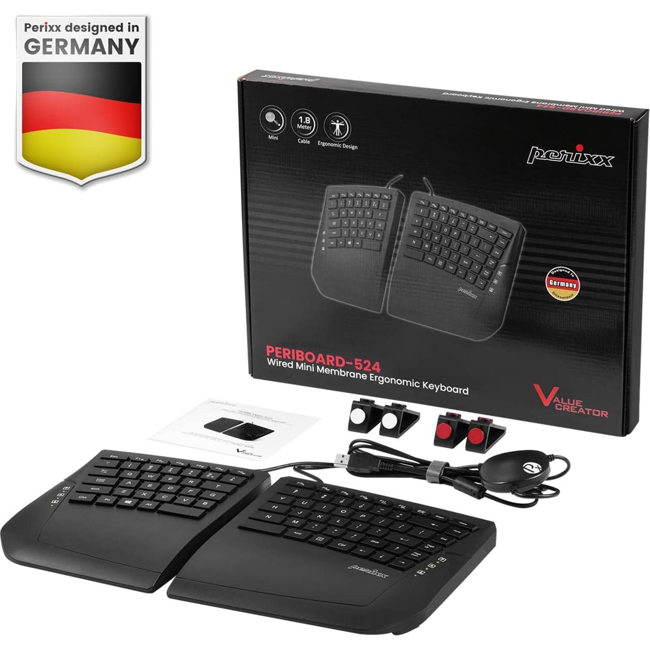 Teclado Ergonómico Perixx PERIBOARD-524B con Cable - Negro