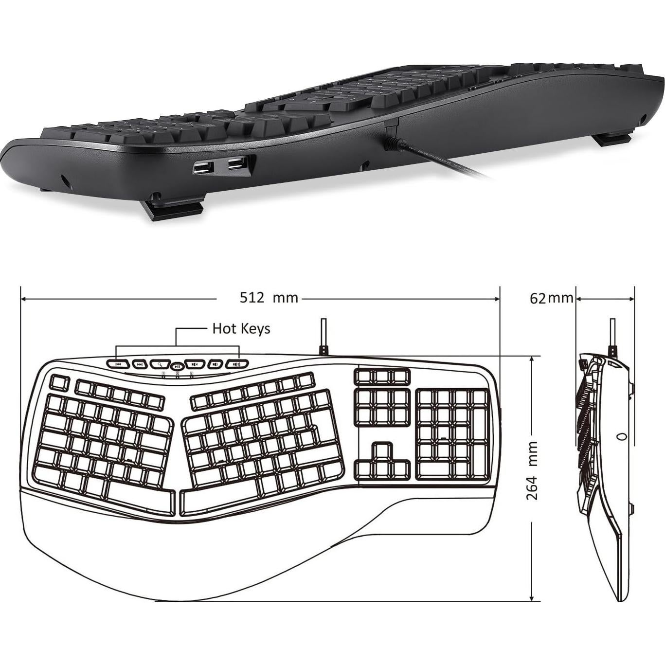 Teclado Ergonómico Perixx PERIBOARD-312 Retroiluminado USB 2 Puertos