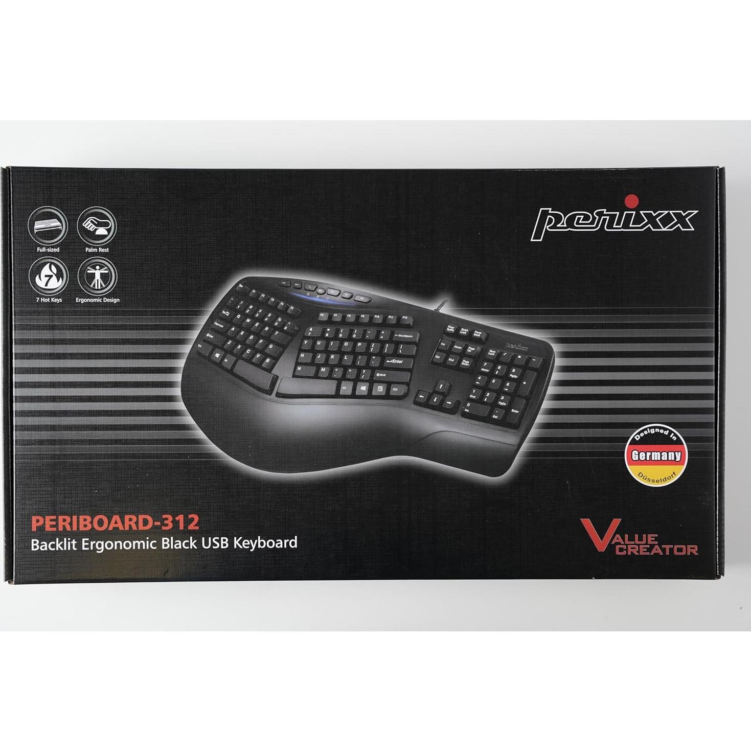 Teclado Ergonómico Perixx PERIBOARD-312 Retroiluminado USB 2 Puertos