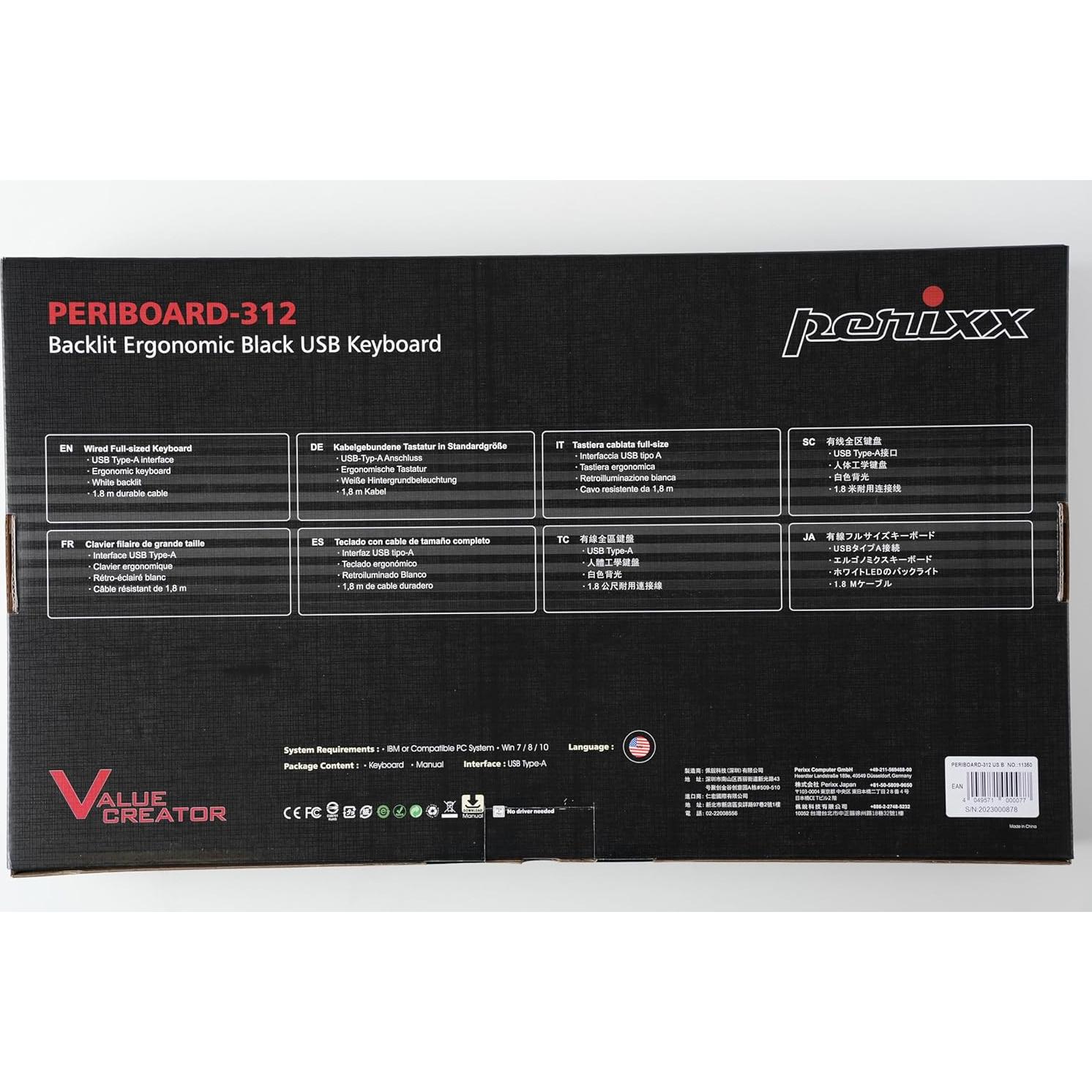 Teclado Ergonómico Perixx PERIBOARD-312 Retroiluminado USB 2 Puertos