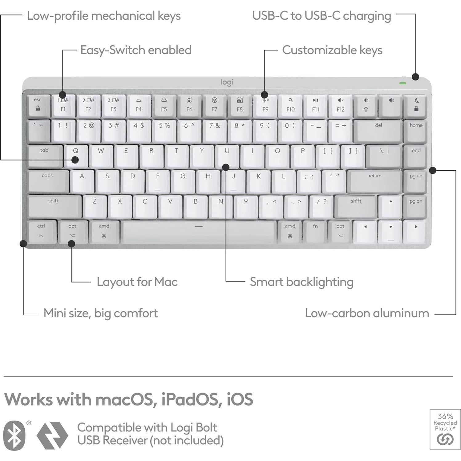 Teclado Inalámbrico Logitech MX Mechanical Mini para Mac - Gris Pálido
