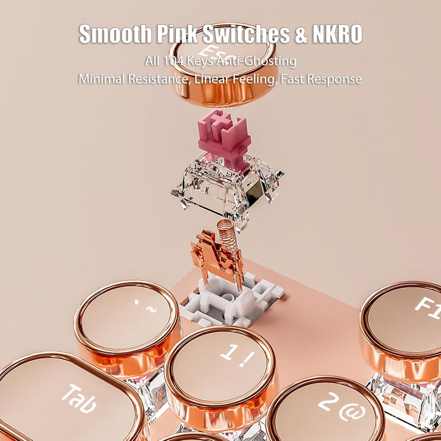 Typewriter Style Mechanical Gaming Keyboard White LED Backlit 104-Key NKRO Pink Switches Retro Round Keycaps Golden Ring Volume Knob Metal Panel Wired USB-C Detachable Cable, Rose Gold