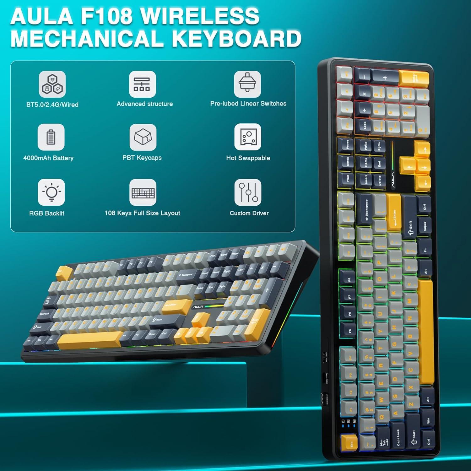 Teclado Mecánico Inalámbrico AULA F108 RGB 108 Teclas