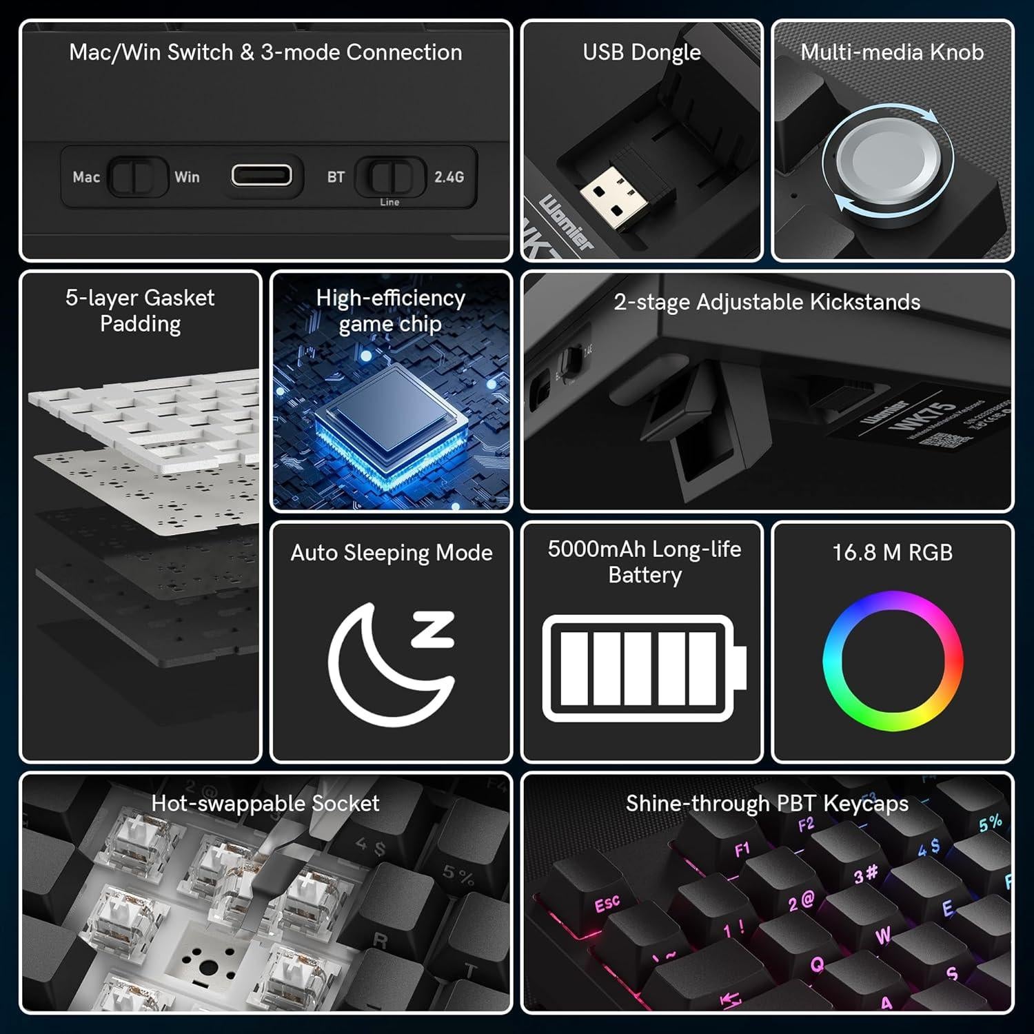 Teclado Mecánico Inalámbrico COSTOM WK75 RGB 75% - Negro