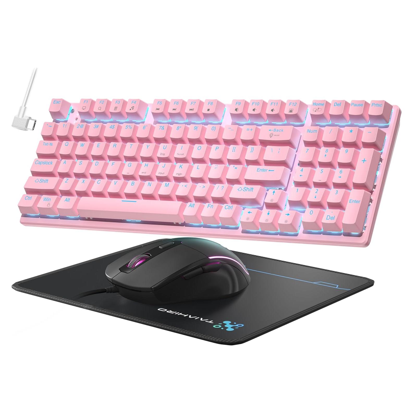 Teclado Mecánico y Ratón RGB Taiahiro 98 Teclas Rosa