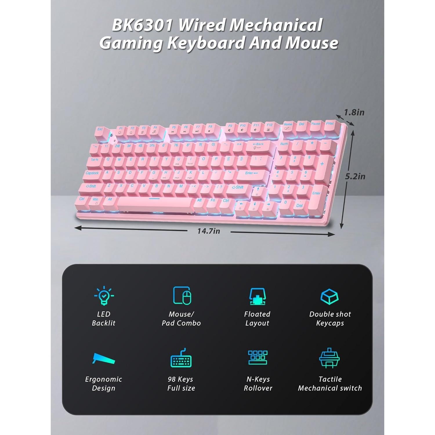 Teclado Mecánico y Ratón RGB Taiahiro 98 Teclas Rosa
