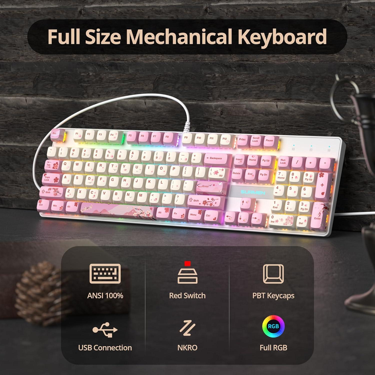 Teclado Mecánico Ussixchare V200 Rosa 104 Teclas RGB