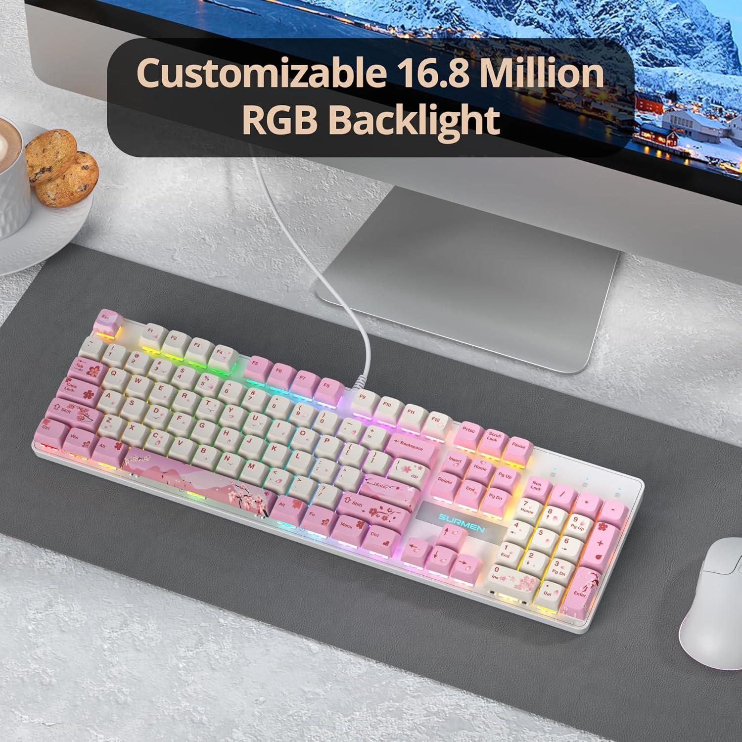 Teclado Mecánico Ussixchare V200 Rosa 104 Teclas RGB