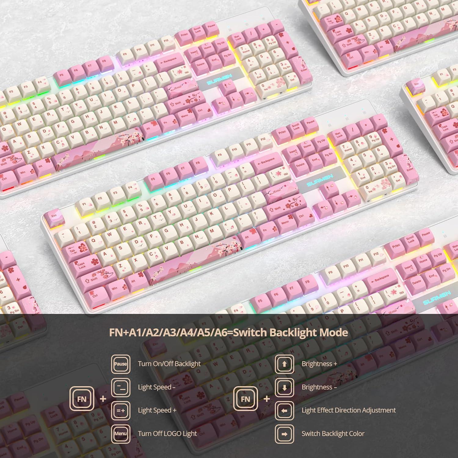 Teclado Mecánico Ussixchare V200 Rosa 104 Teclas RGB