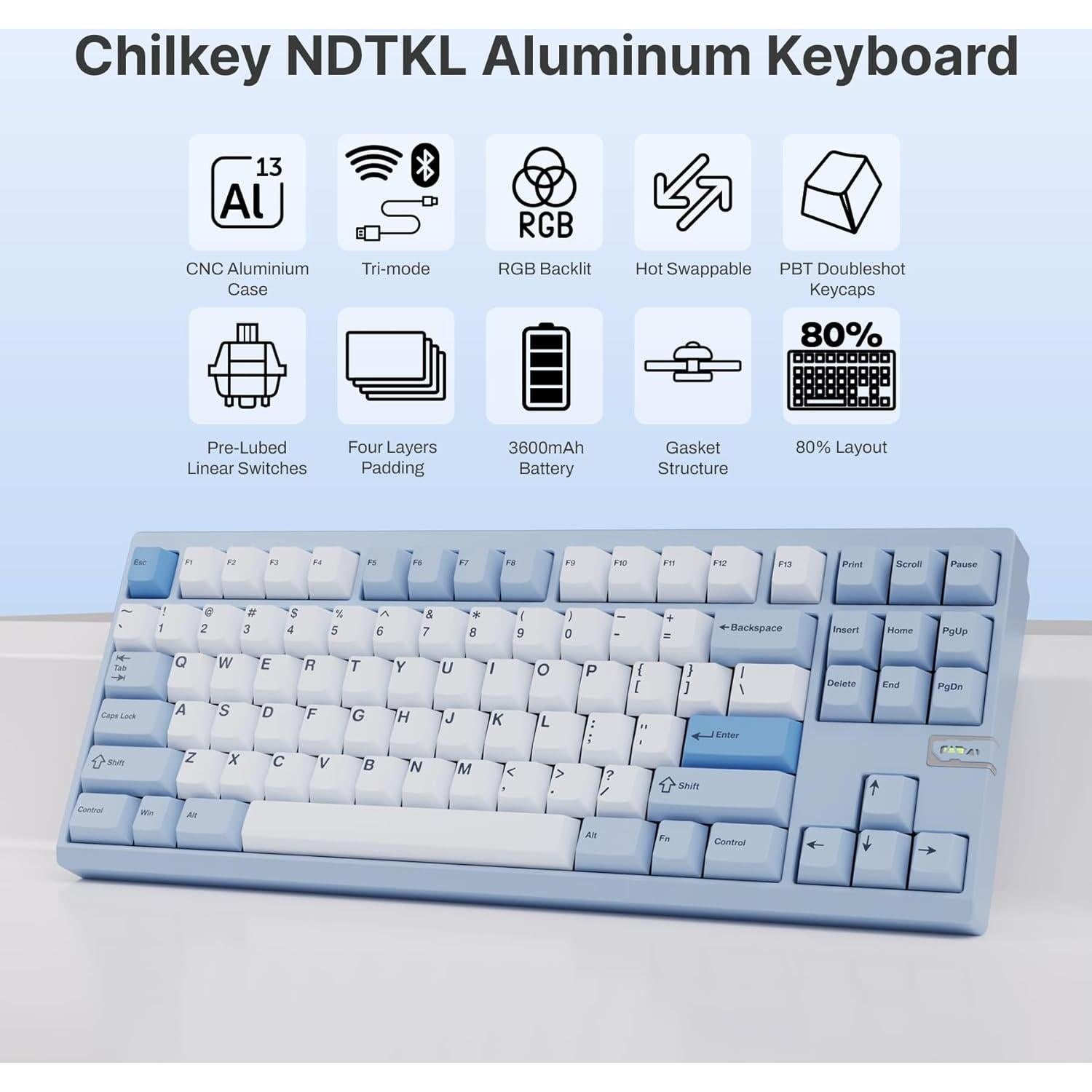 Teclado Mecánico Chilkey ND TKL Inalámbrico Aluminio 87 Teclas