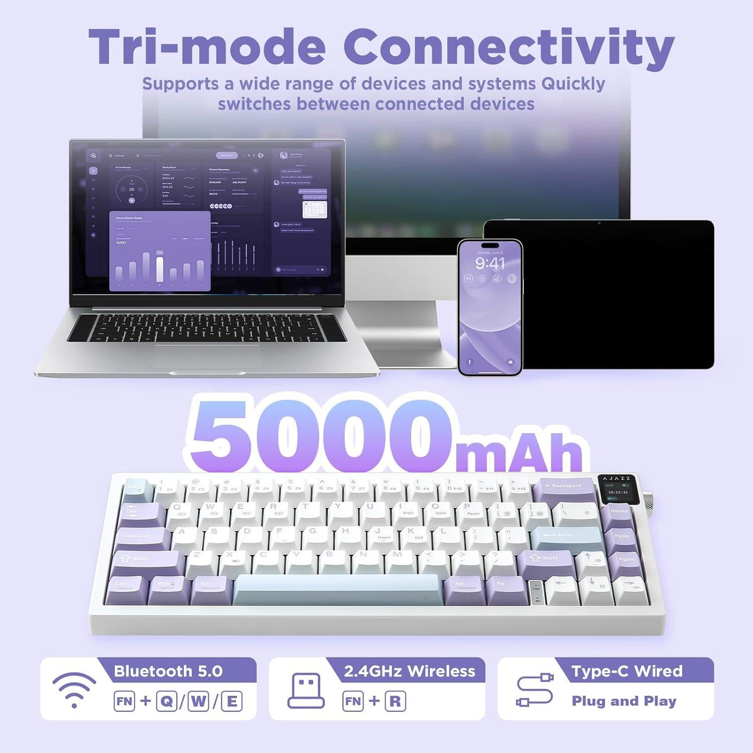 Teclado Mecánico AJAZZ AK650 Inalámbrico 65% RGB Púrpura