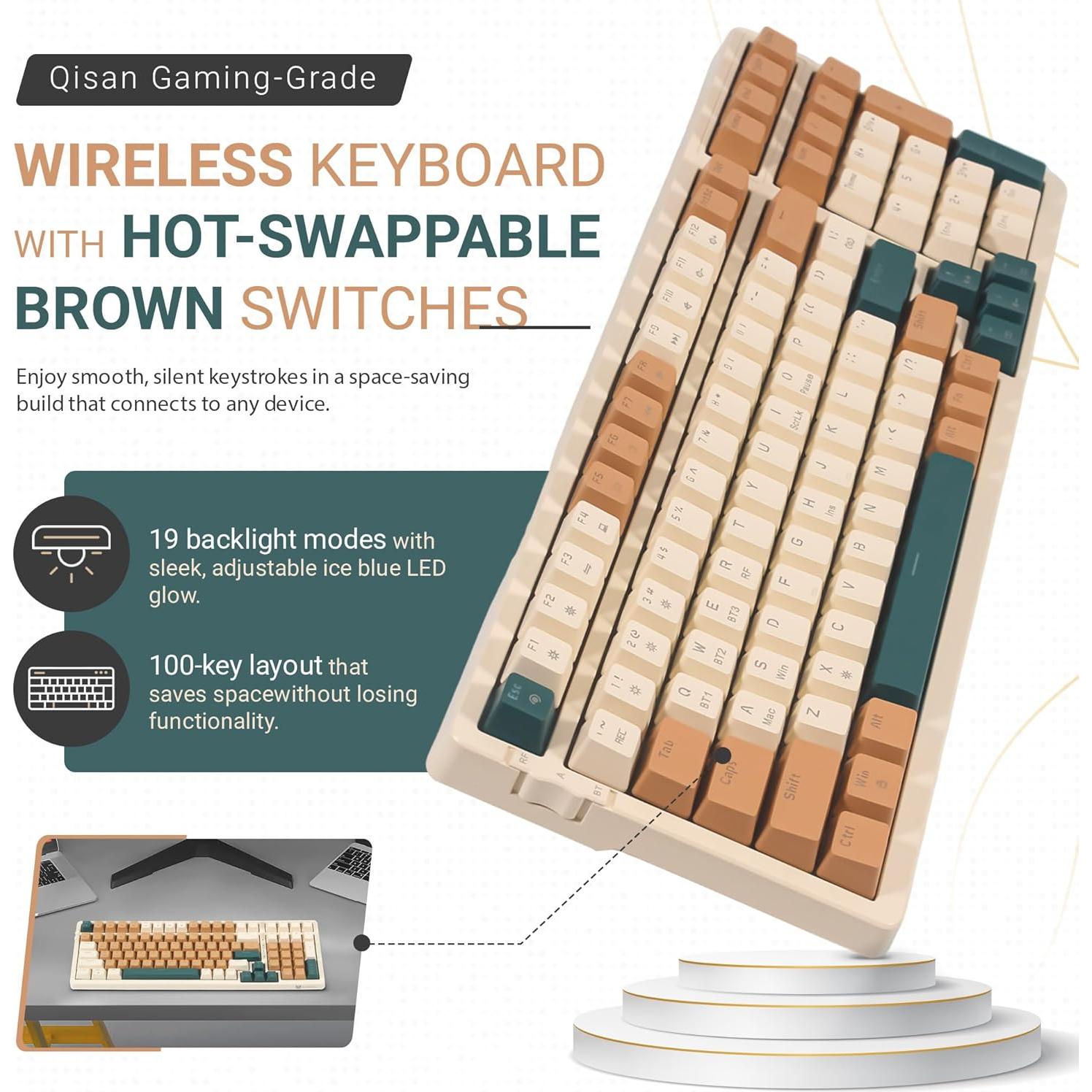 Teclado Mecánico Inalámbrico Qisan 100 Teclas RGB Marrón