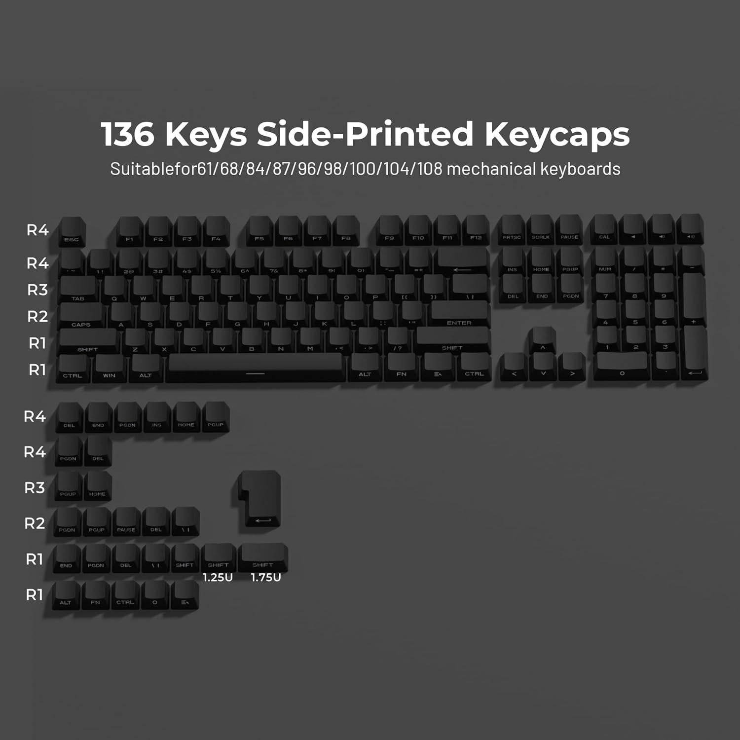 Conjunto de Teclas PBT Minimalistas XVX 136 Teclas Negras