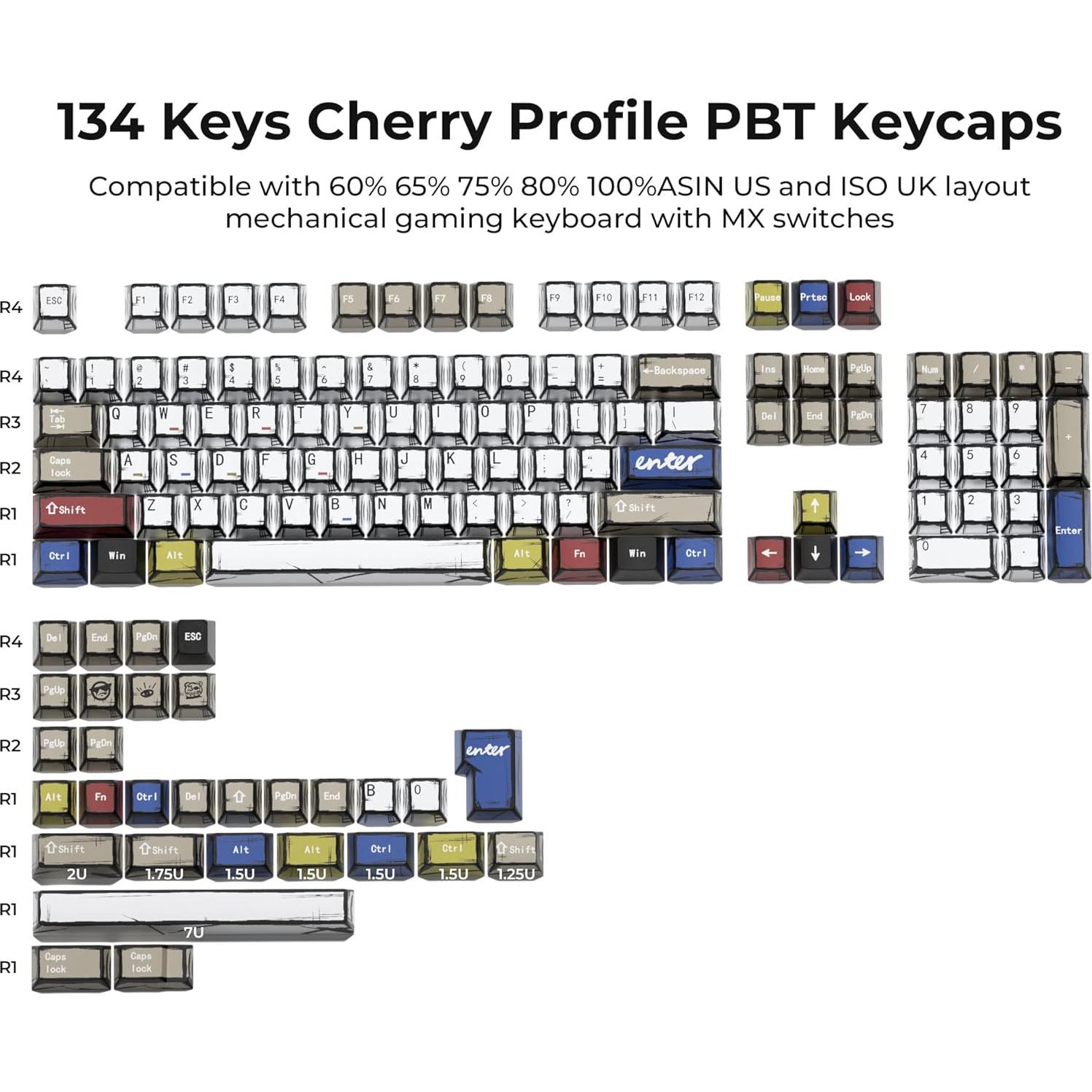 Conjunto de Teclas PBT Graffiti Retro 134 Teclas GMKWTL