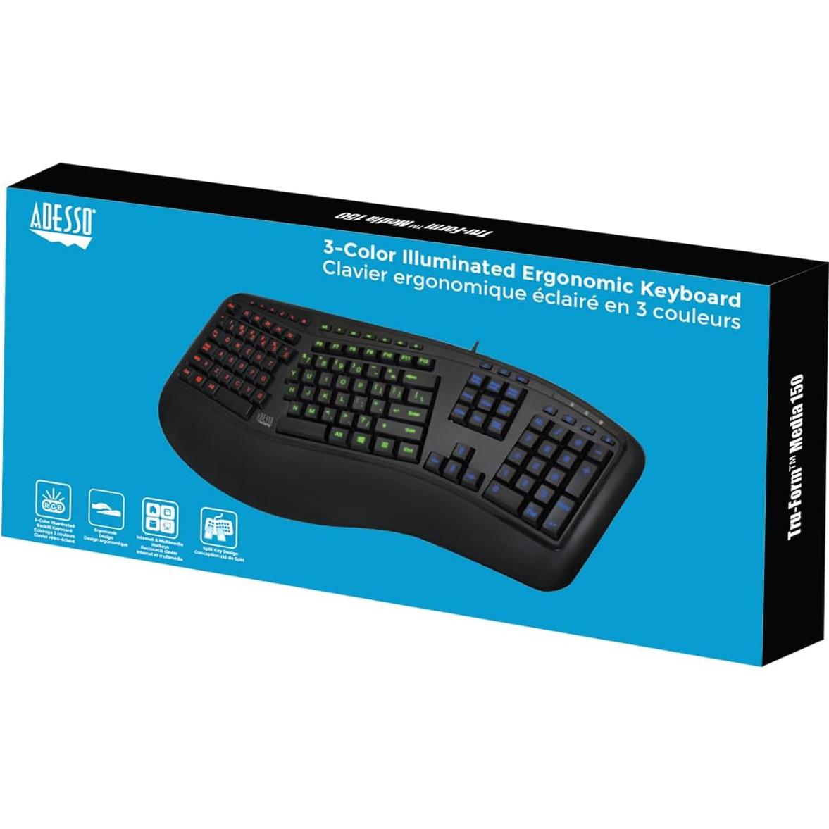 Teclado Ergonómico Iluminado Adesso AKB-150EB USB 3 Colores