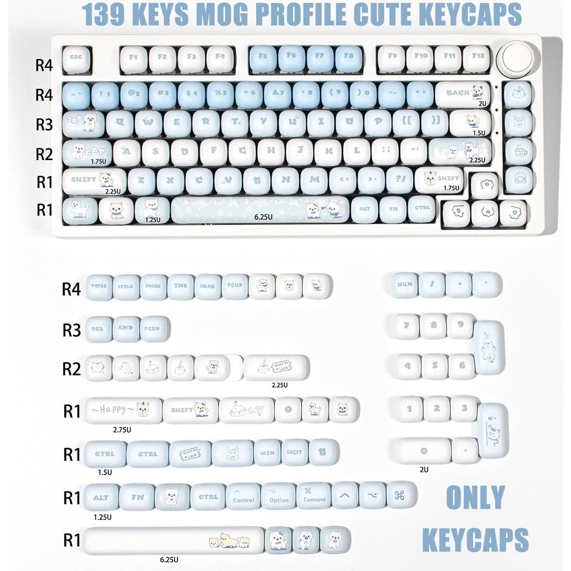 Keycaps PBT Lindos Gato Azul MOG 139 Teclas para Teclado Mecánico