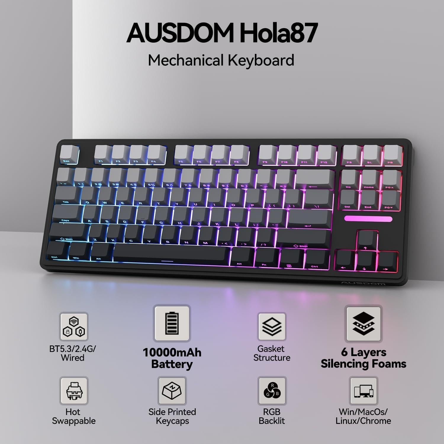 Teclado Mecánico Inalámbrico AUSDOM Hola 87 RGB 10000mAh