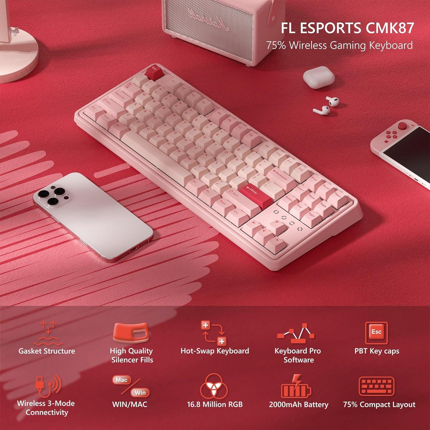 Teclado Mecánico Inalámbrico FL ESPORTS Rosa 75% RGB 2000mAh