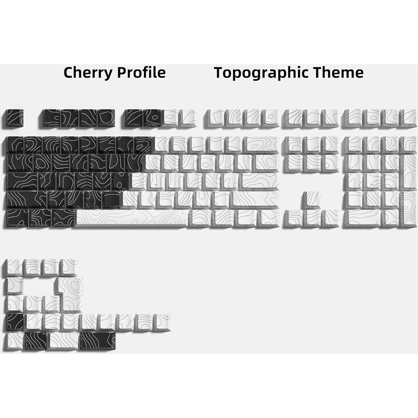 double shot PBT keycaps,black and white,Topographic keycaps,lines backlit,Shine Through keycap,Side Printed keycap,dye sublimation,Cherry Profile keyboard caps for TKL US Layout Mechanical Keyboard