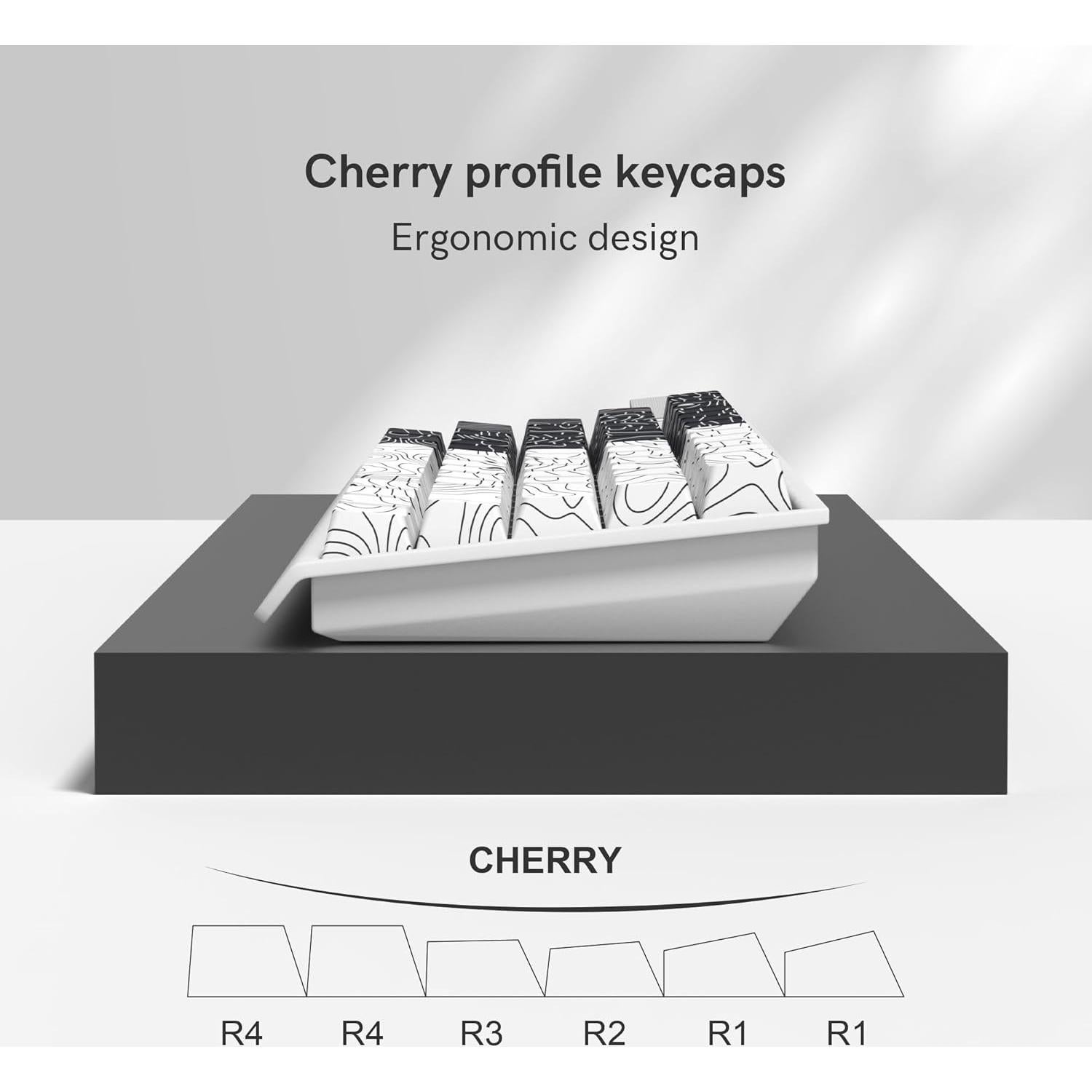 double shot PBT keycaps,black and white,Topographic keycaps,lines backlit,Shine Through keycap,Side Printed keycap,dye sublimation,Cherry Profile keyboard caps for TKL US Layout Mechanical Keyboard