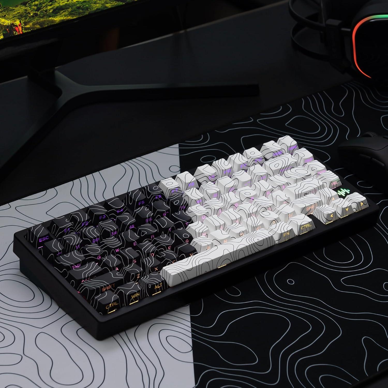double shot PBT keycaps,black and white,Topographic keycaps,lines backlit,Shine Through keycap,Side Printed keycap,dye sublimation,Cherry Profile keyboard caps for TKL US Layout Mechanical Keyboard