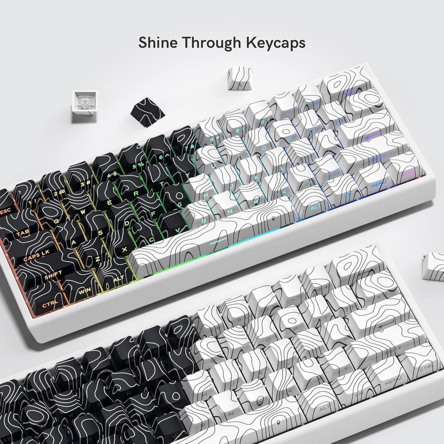 double shot PBT keycaps,black and white,Topographic keycaps,lines backlit,Shine Through keycap,Side Printed keycap,dye sublimation,Cherry Profile keyboard caps for TKL US Layout Mechanical Keyboard