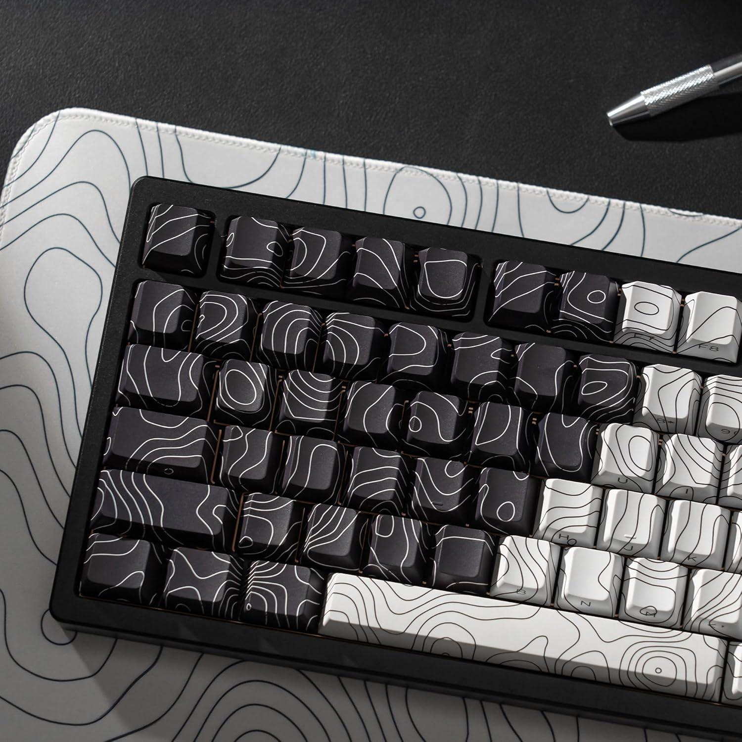double shot PBT keycaps,black and white,Topographic keycaps,lines backlit,Shine Through keycap,Side Printed keycap,dye sublimation,Cherry Profile keyboard caps for TKL US Layout Mechanical Keyboard