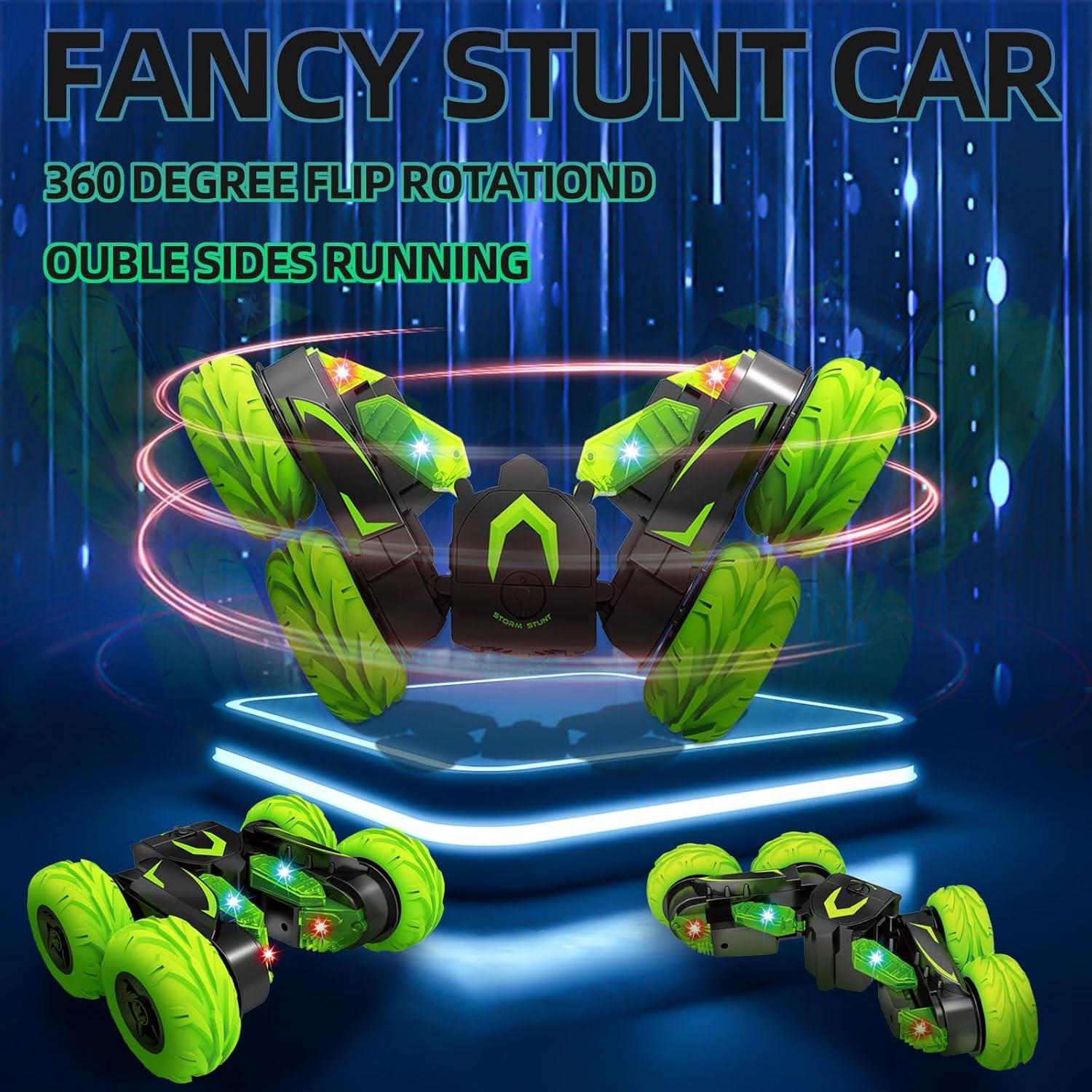 Eulogia Remote Control Cars for Kids 5-12, RC Stunt Car with LED Headlights, 360° Rotation, Double-Sided Driving, Off-Road Flips RC Toy Cars for Boys Girls Birthday Easter Gifts