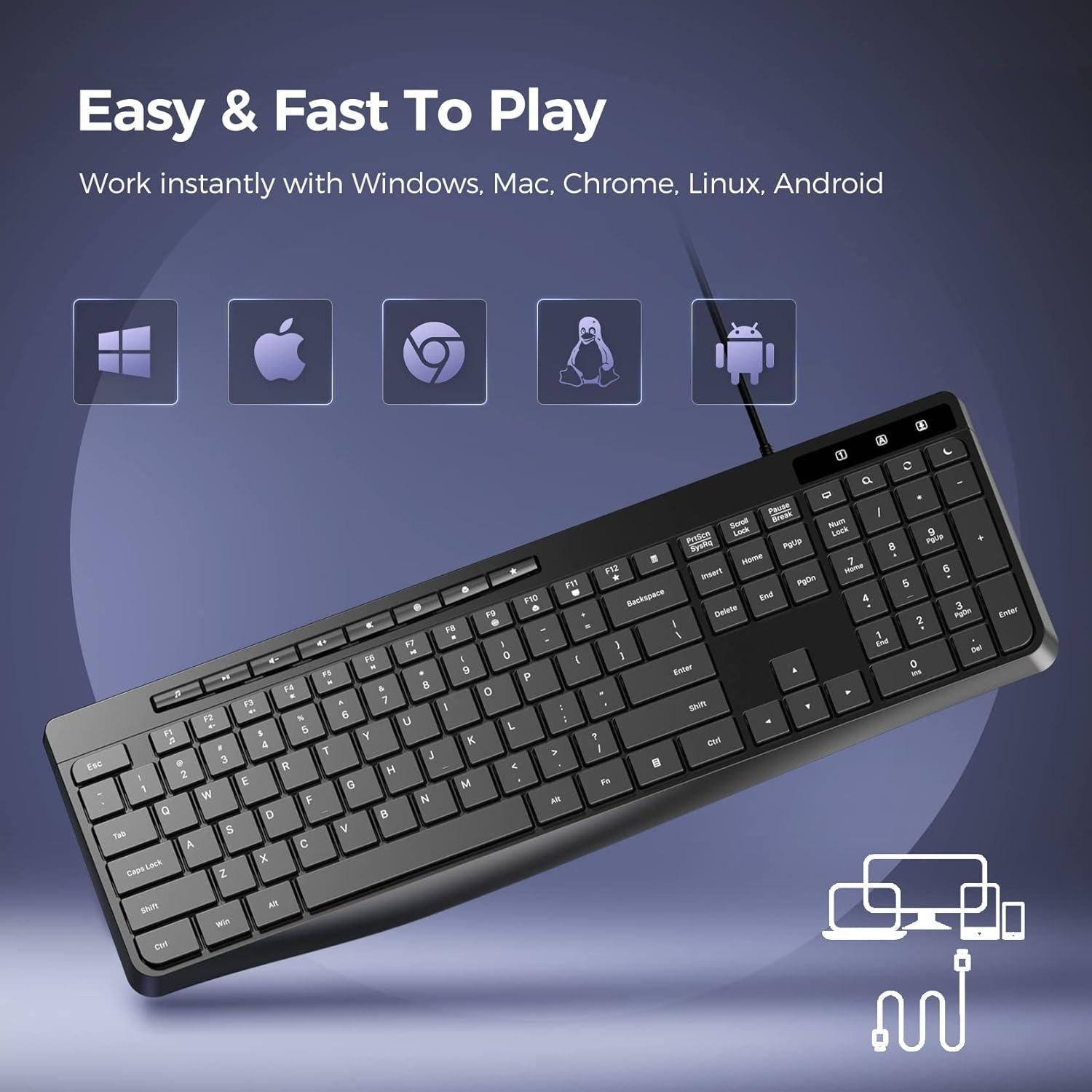 Teclado Multimedia USB Virfour Silencioso Chiclet Resistente