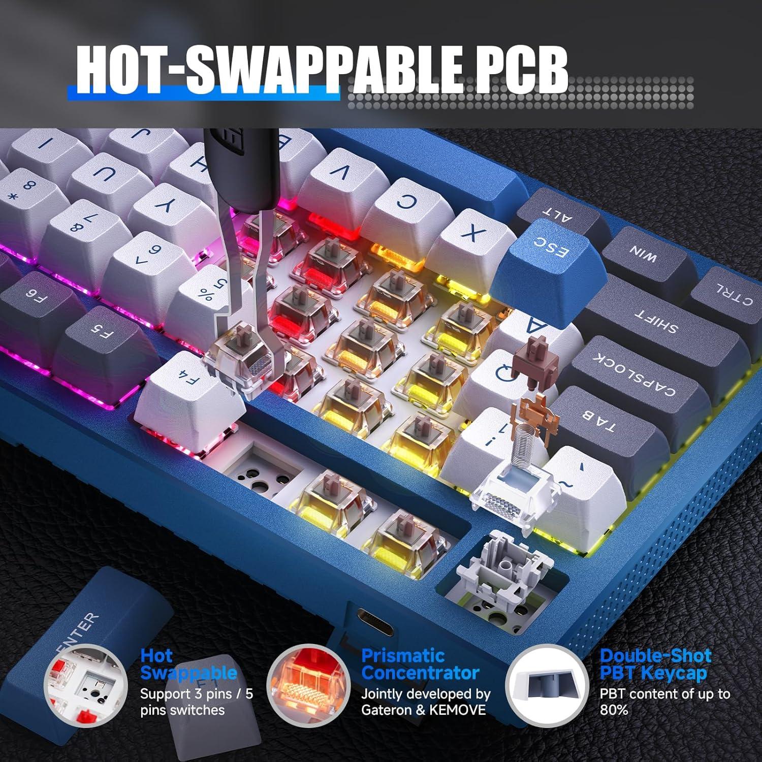 KEMOVE K87 Wireless TKL Mechanical Gaming Keyboard, Hot-swappable, RGB Backlit, Programmable, Bluetooth/2.4GHz/USB-C, 80% 87 Keys Compact Keyboard with Tactile Brown Switch for Windows/Mac/Linux