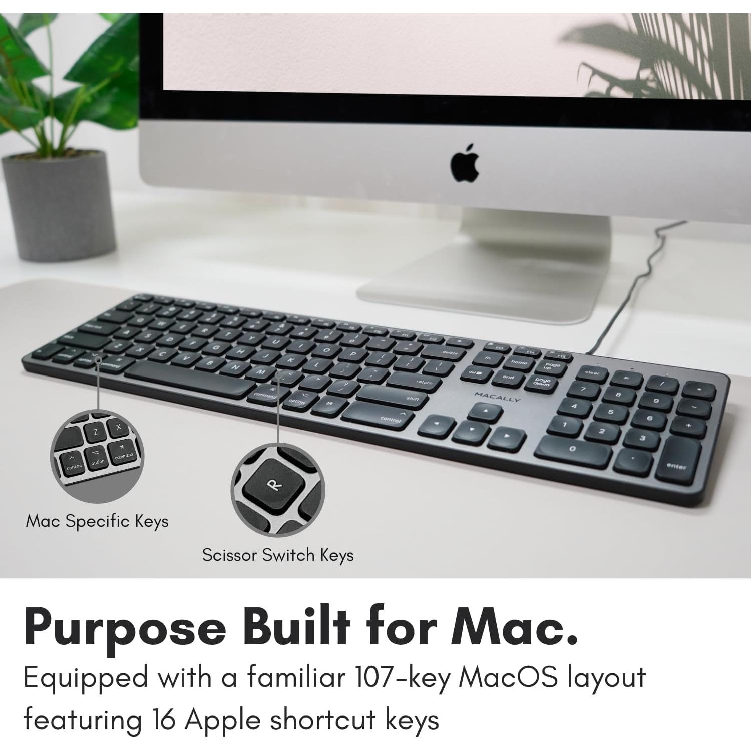 Teclado Retroiluminado Macally para Mac - 107 Teclas, USB 1.5m, Gris Espacial