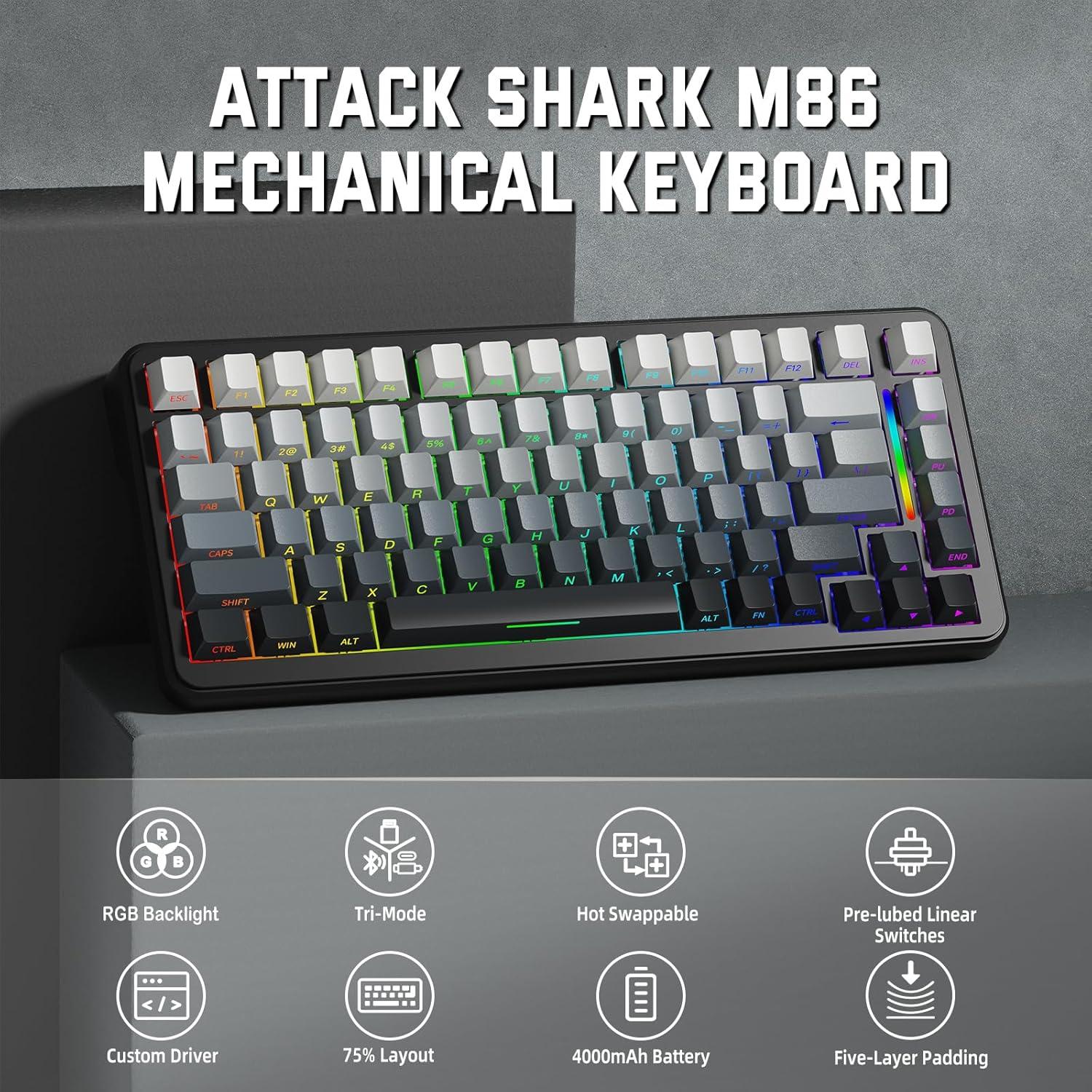 ATTACK SHARK M86 Wireless Mechanical Keyboard, 75% Layout Gasket Custom Structure,Hot Swappable,RGB Backlit,Pre-lubed Switches,Side Printed PBT Keycaps,Tri-Mode BT5.0/2.4GHz/USB-C Keyboard for Win/Mac