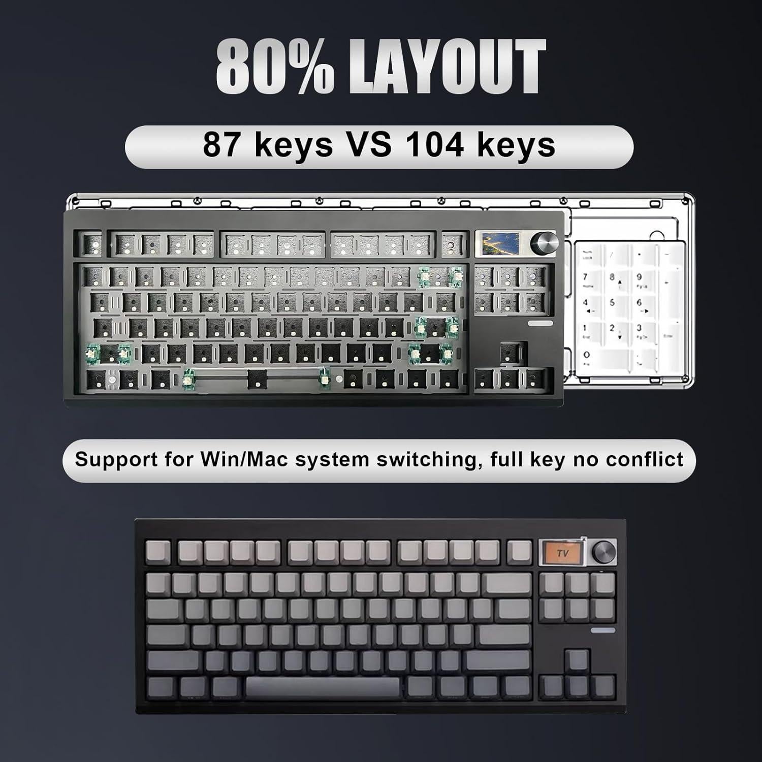 GMK87 Keyboard Barebones Kit,Gasket Mount Hot Swap PCB Triple Mode BT5.0/2.4G/Type-C Wireless Mechanical Keyboard with Knob VIA-Programmable Custom TFT-Screen RGB DIY Kit(Black)
