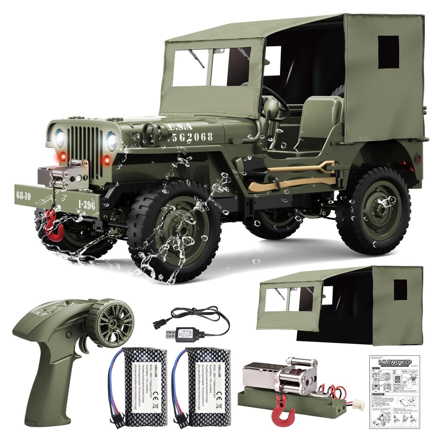 Coche RC Willys Jeep 1/10 4WD Todo Terreno con Luces y 2 Baterías