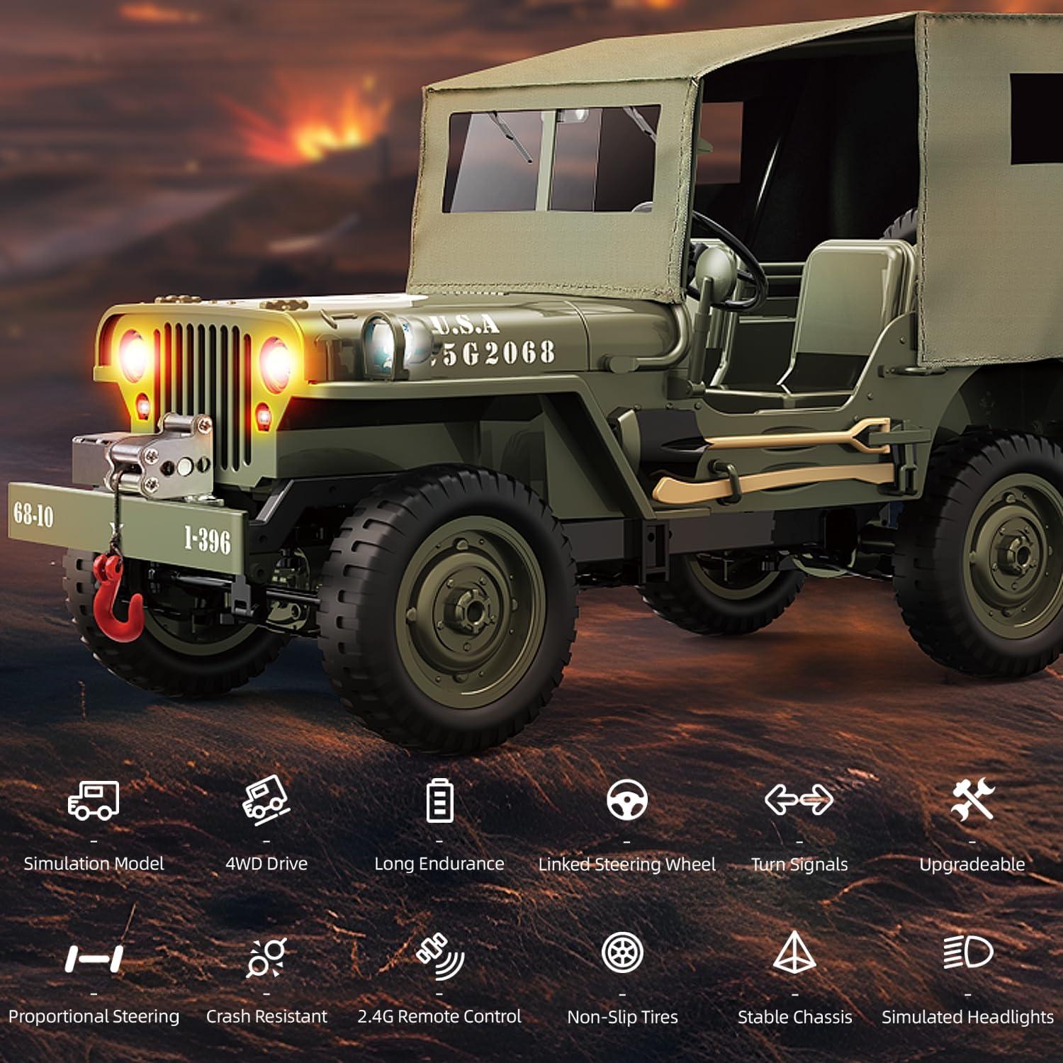 Coche RC Willys Jeep 1/10 4WD Todo Terreno con Luces y 2 Baterías