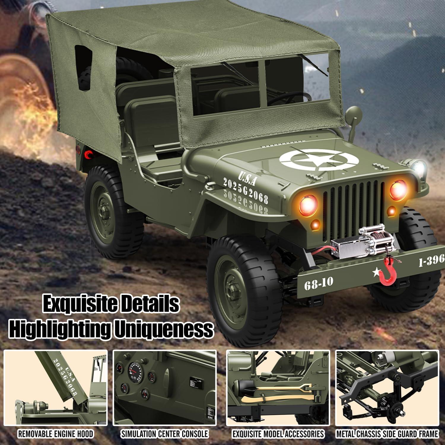 Coche RC Willys Jeep 1/10 4WD Todo Terreno con Luces y 2 Baterías