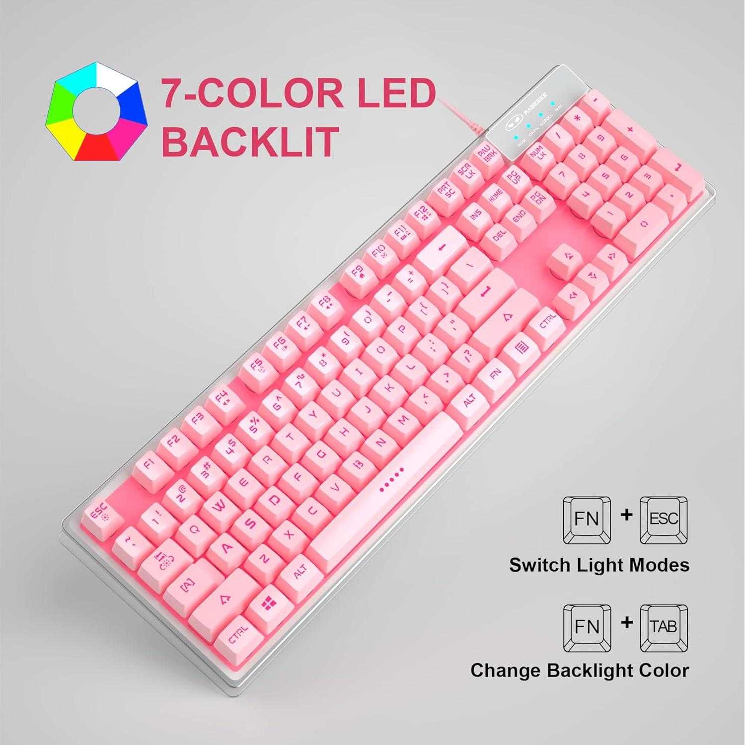 Teclado Gaming MageGee K1 Rosa Retroiluminado 7 Colores