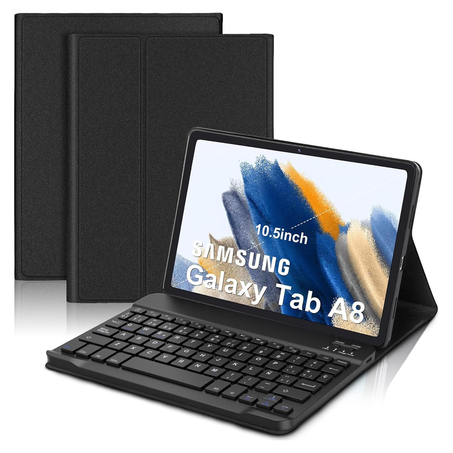 SENGBIRCH Spanish Keyboard (Include Ñ) for Samsung Galaxy Tab A8 (10.5 inch, 2022) - Wireless Detachable Bluetooth - with Automatic Sleep/Wake Up Smart Folio Case, Black