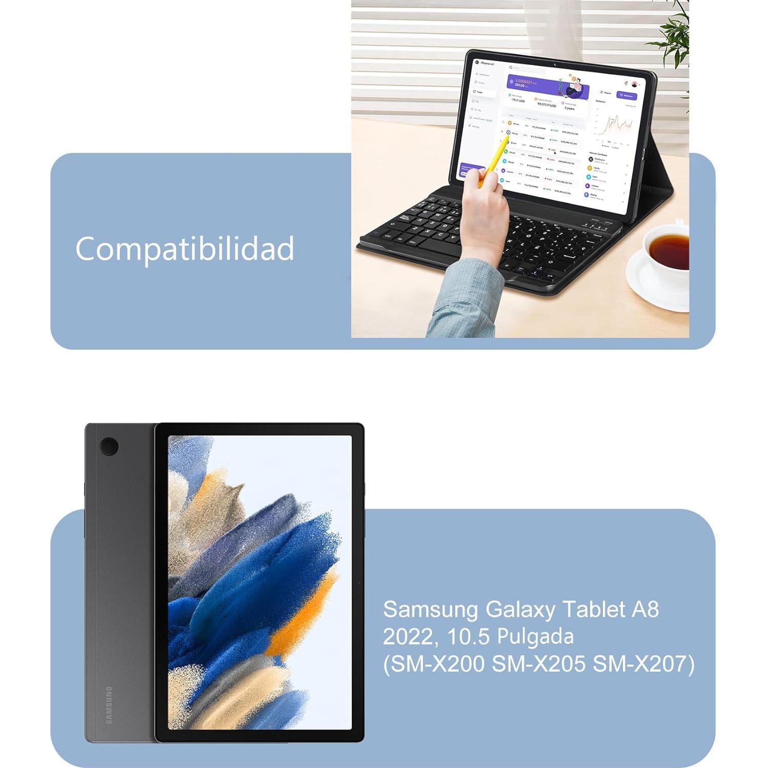 SENGBIRCH Spanish Keyboard (Include Ñ) for Samsung Galaxy Tab A8 (10.5 inch, 2022) - Wireless Detachable Bluetooth - with Automatic Sleep/Wake Up Smart Folio Case, Black