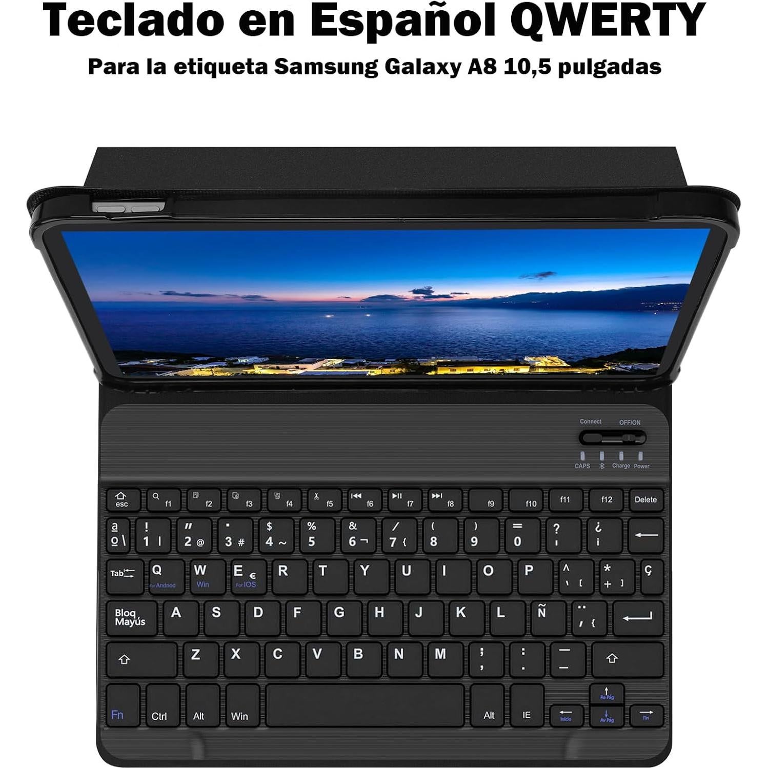 SENGBIRCH Spanish Keyboard (Include Ñ) for Samsung Galaxy Tab A8 (10.5 inch, 2022) - Wireless Detachable Bluetooth - with Automatic Sleep/Wake Up Smart Folio Case, Black