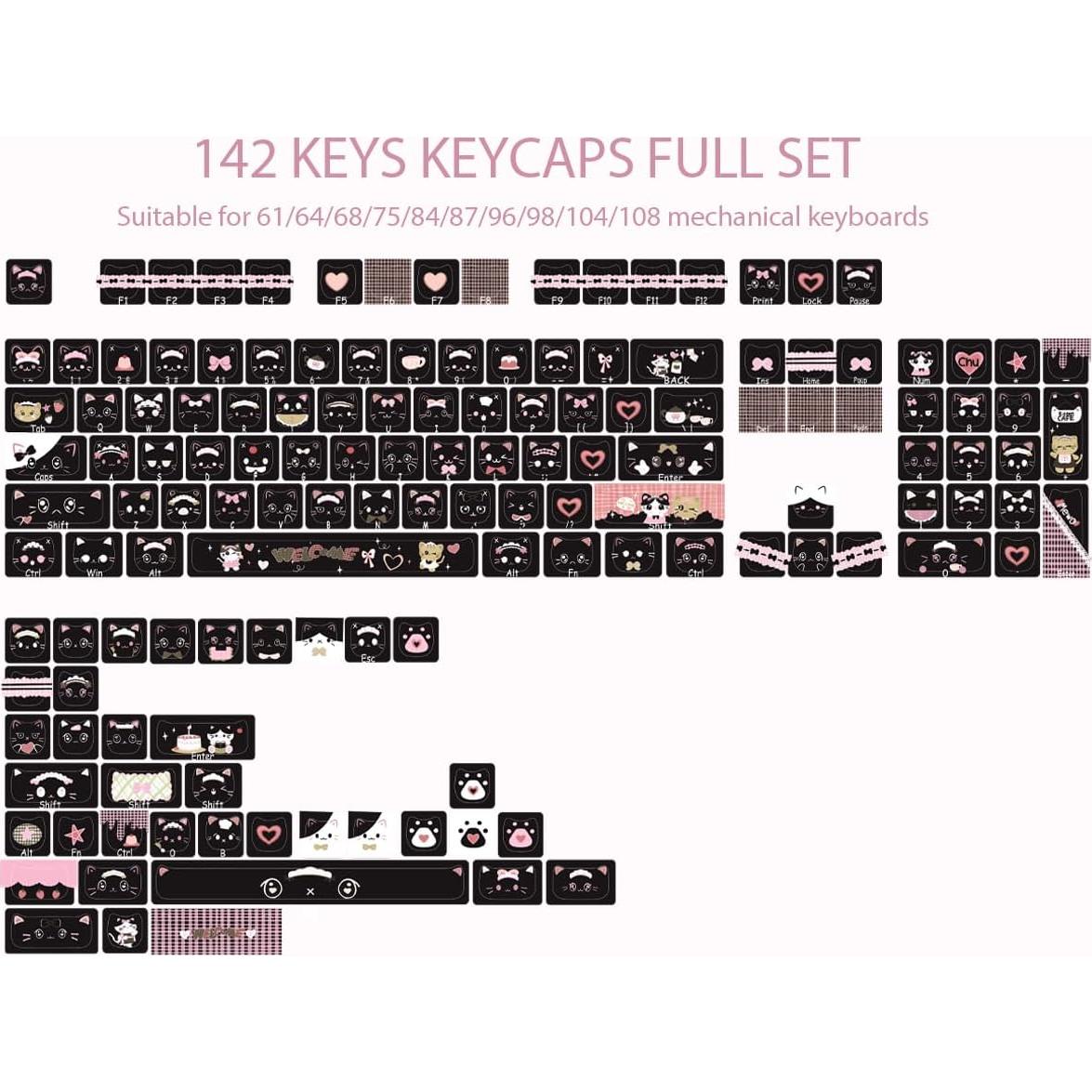 Conjunto de Teclas PBT Gato Negro TYRIXKI 142 Teclas MAO
